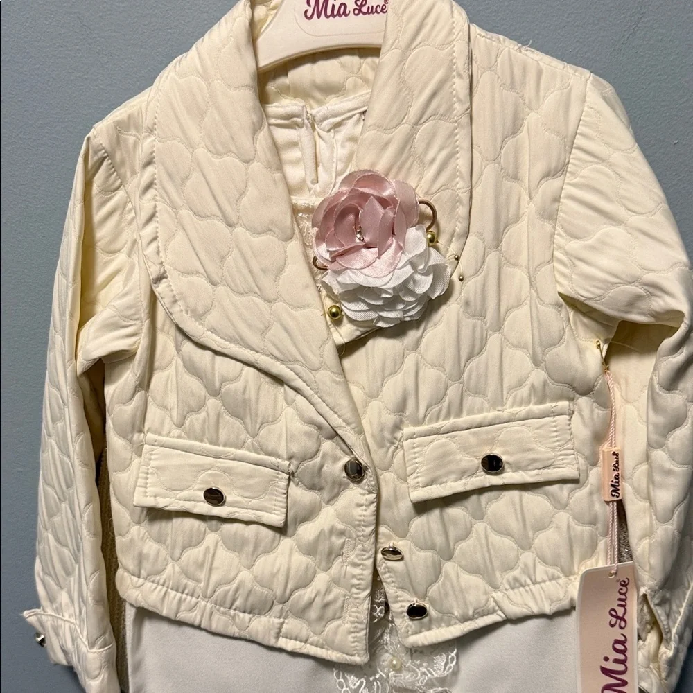 Mia Sue Cream Quilted Jacket with Flower Accent for kids